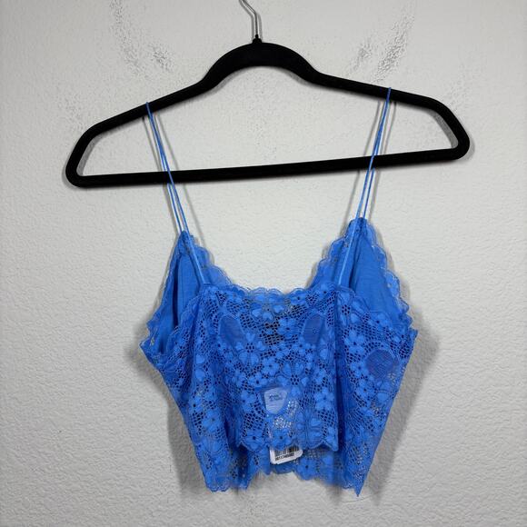 XXI Medium Cami Knit Top Blue Lace Nylon Blend Sheer Spaghetti Strap Cropped - Picture 2 of 6